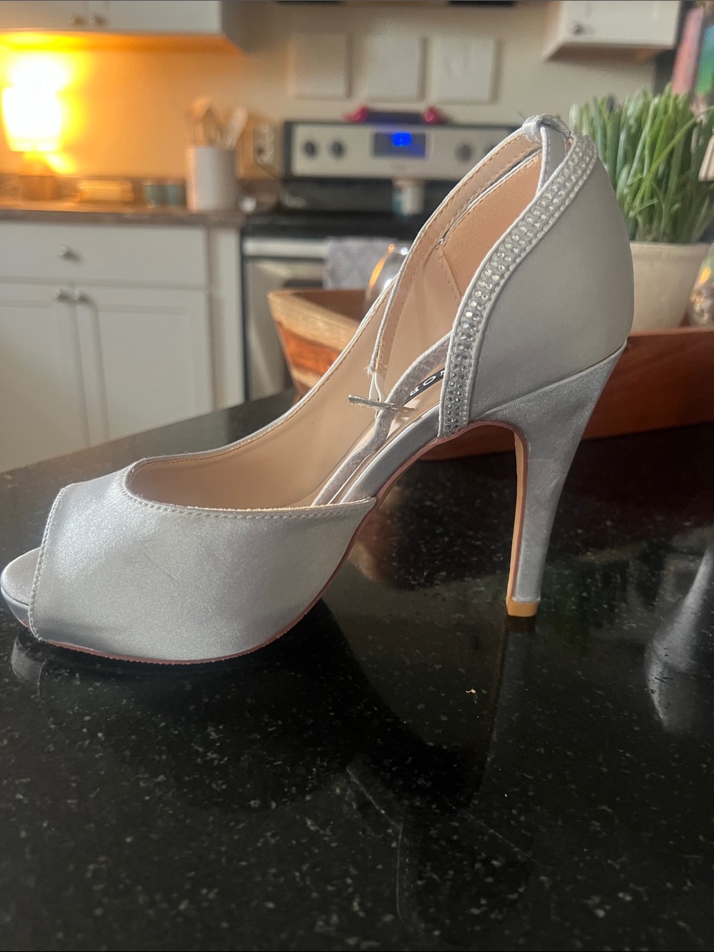 Elegant Silver platform Peep-Toe High Heels with Rhinestone Trim - Women's